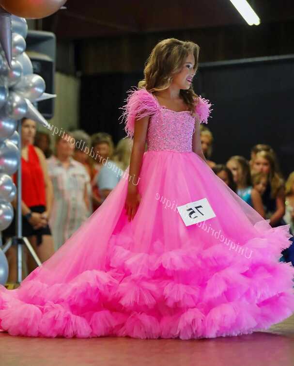 Preteens Girl Pageant Dress 2024 Feather Beading Strap Ruffle ...