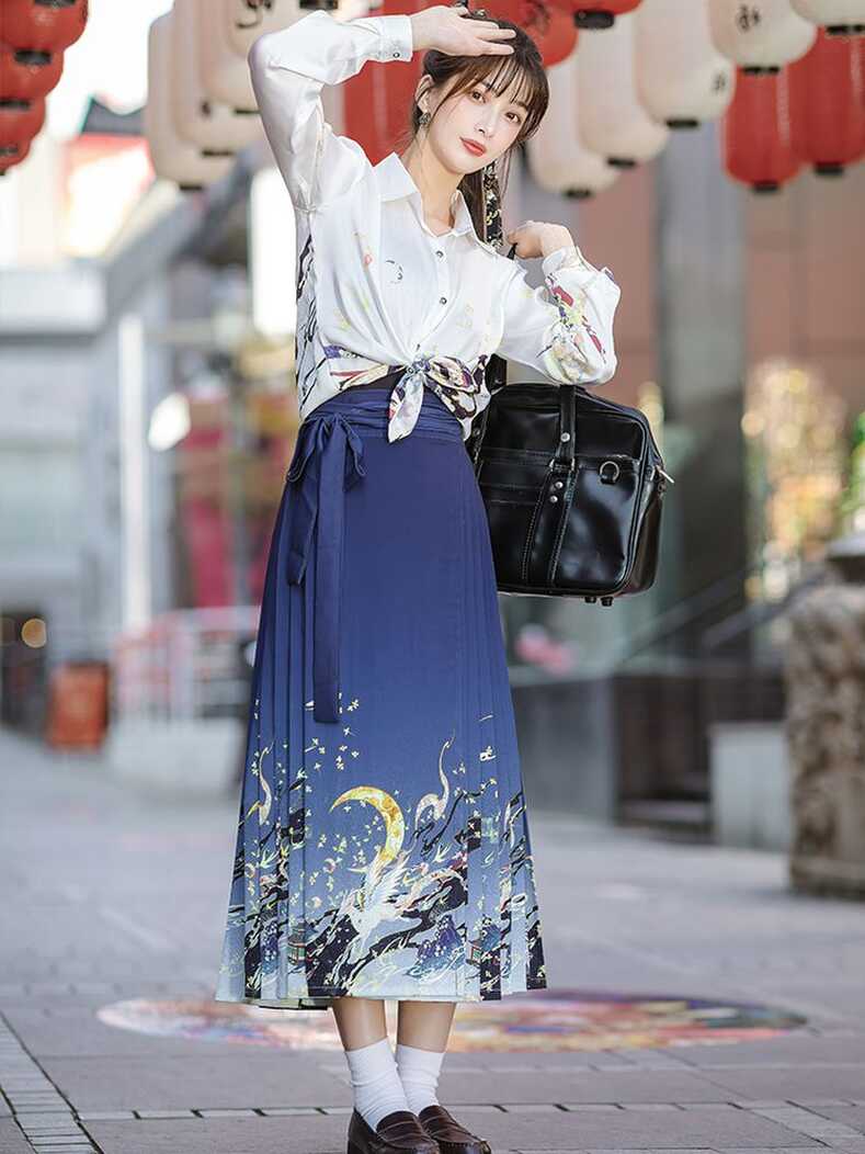 Pretty Casual Hanfu Chinese Style Shirt Blue Ma Mian Skirt ...