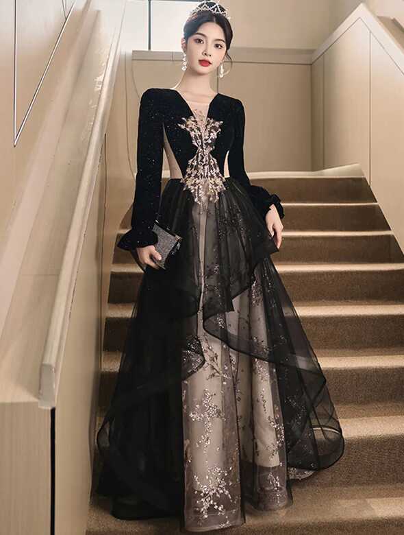 Pretty Embroidery V-neck Long Sleeve Black Evening Dress Ball Gown ...