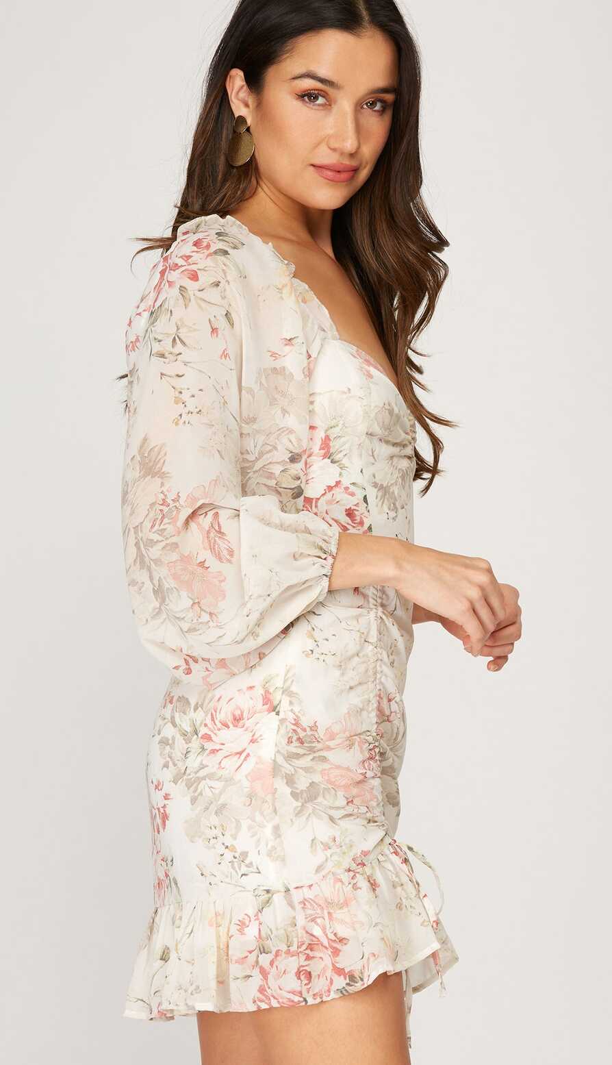 Pretty Forever Floral Ruched Side Dress- Cream