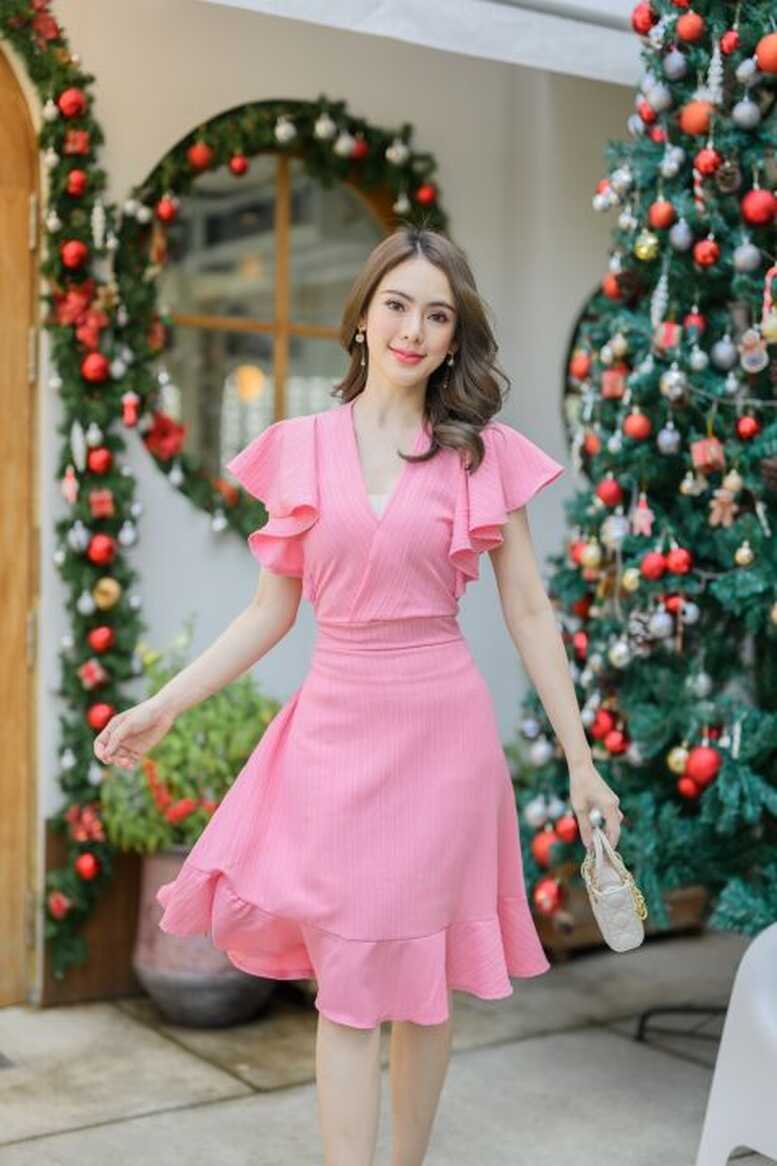 Pretty Girl Bangkok Ruffled Sleeves V-Neck Plain Knee Length ...