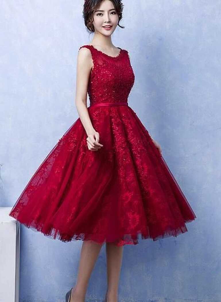 Pretty Handmade Knee Length Dark Red Lace Junior Party Dress ...