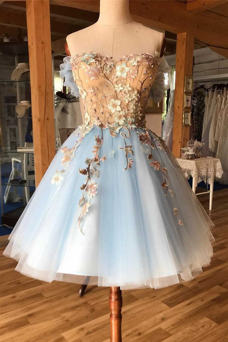 Pretty Lace Up Appliques Prom Dress Cute Light Blue Homecoming Dress