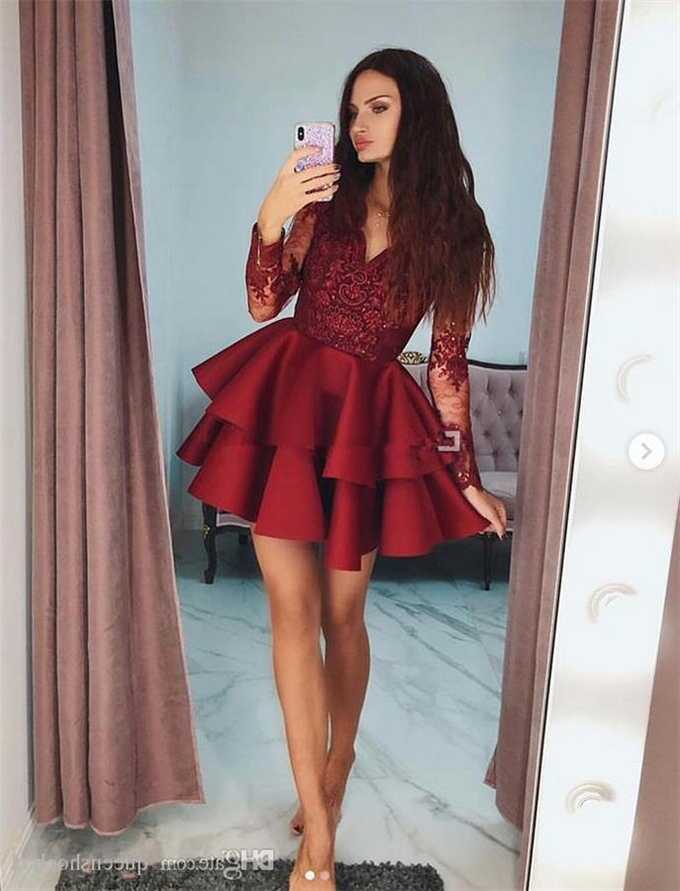 Pretty Long Sleeves V-neck Short Homecoming Dresses For Teens ...