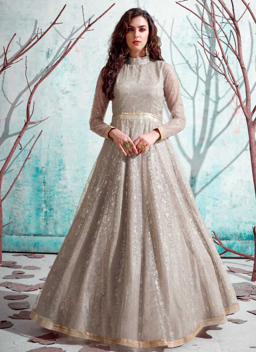 Pretty Net Beige Fancy Designer Gown -