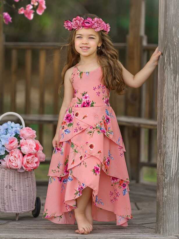 Pretty Petal Coral Floral Tiered Dress - Pink / 6Y/6X