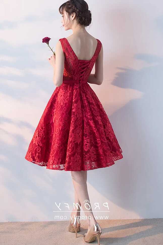 Pretty Red Floral Lace Knee Length Cocktail Dress - Promfy