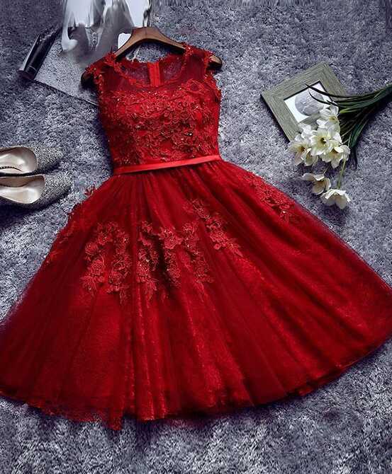 Pretty Red Homecoming Dresses, Tulle And Applique Knee Length ...