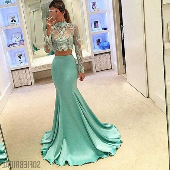 Pretty Two Pieces High Neck Long Sleeve Lace Prom Dress, Sexy ...