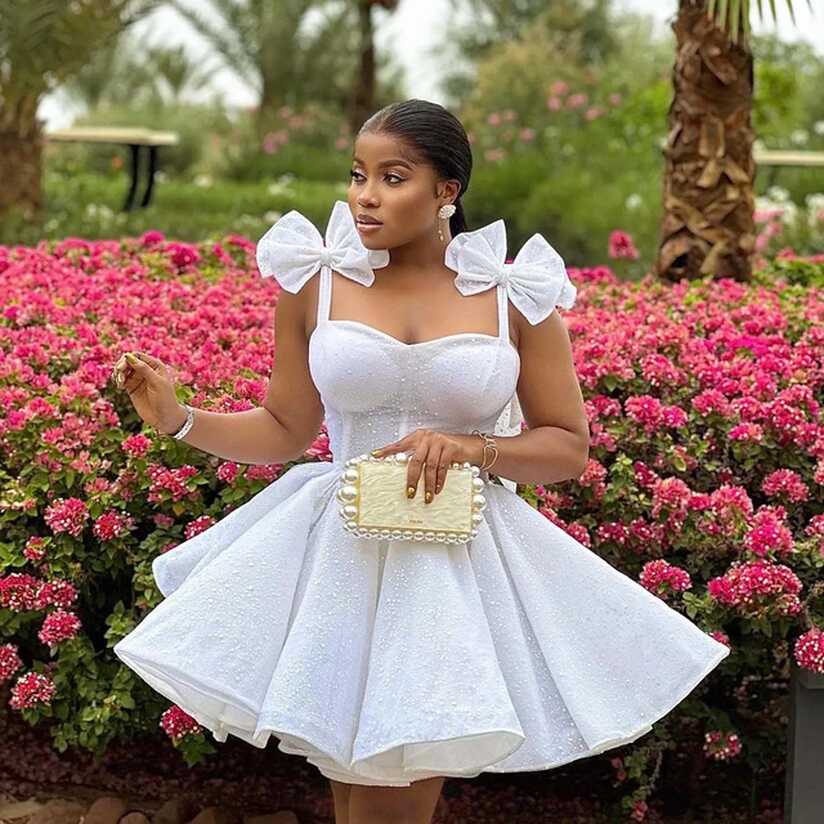 Pretty White Puffy Short Prom Dresses with Bow Straps African Cute ...