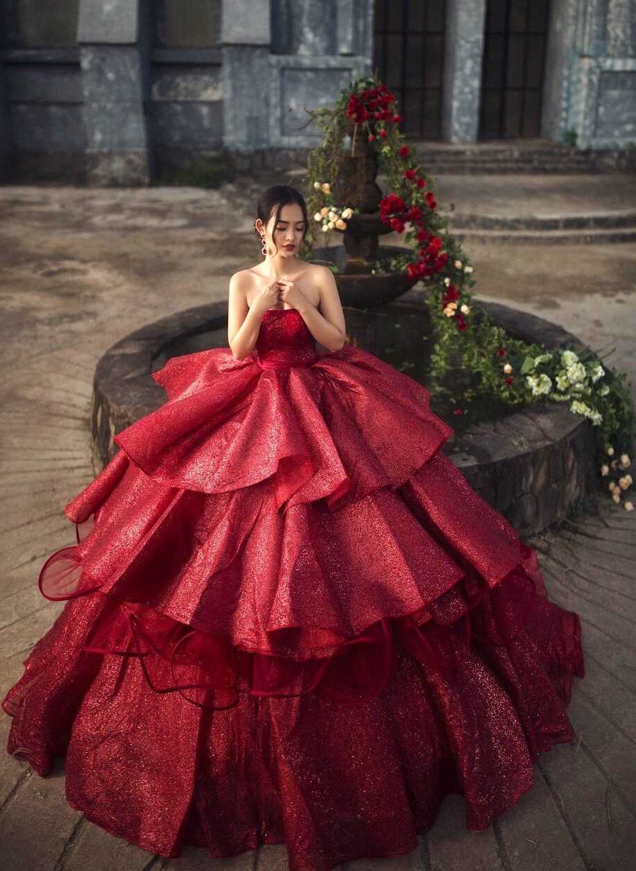 Pretty princess off the shoulder red sparkle ball gown wedding ...