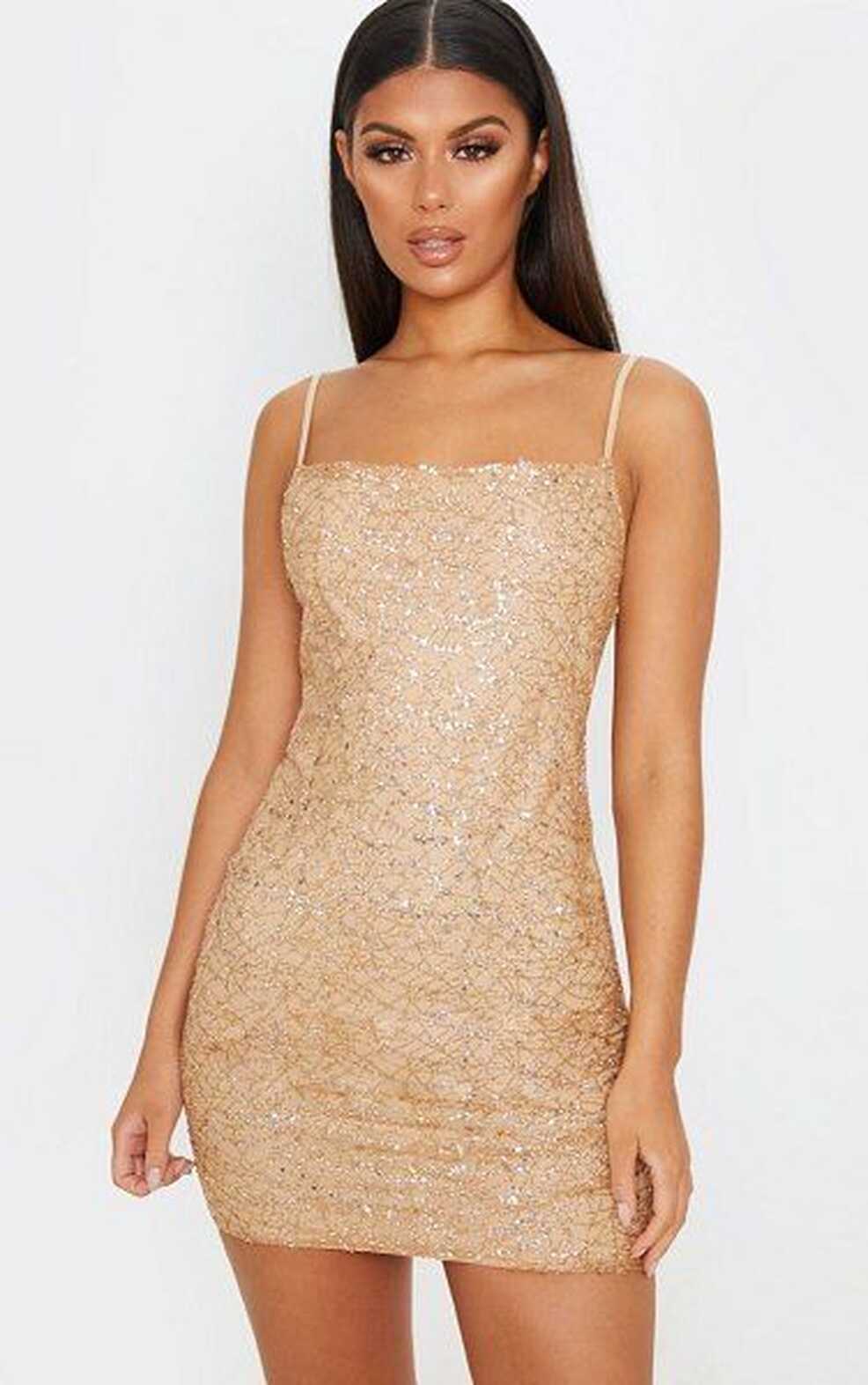 PrettyLittleThing Rose Gold Strappy Sequin Glitter Detail Bodycon ...