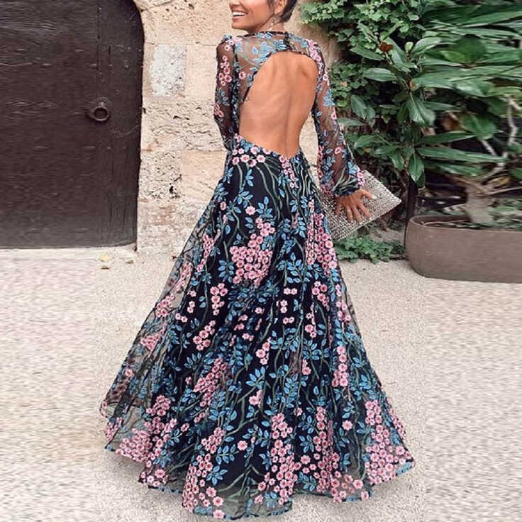 PrettysWomen-Trendy Floral Print Slim Backless Maxi Dress Casual Holid