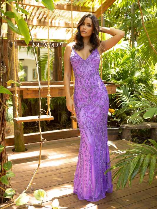 Primavera Couture 3793 Size 4 Neon Lilac Sequin Prom Dress Long V ...