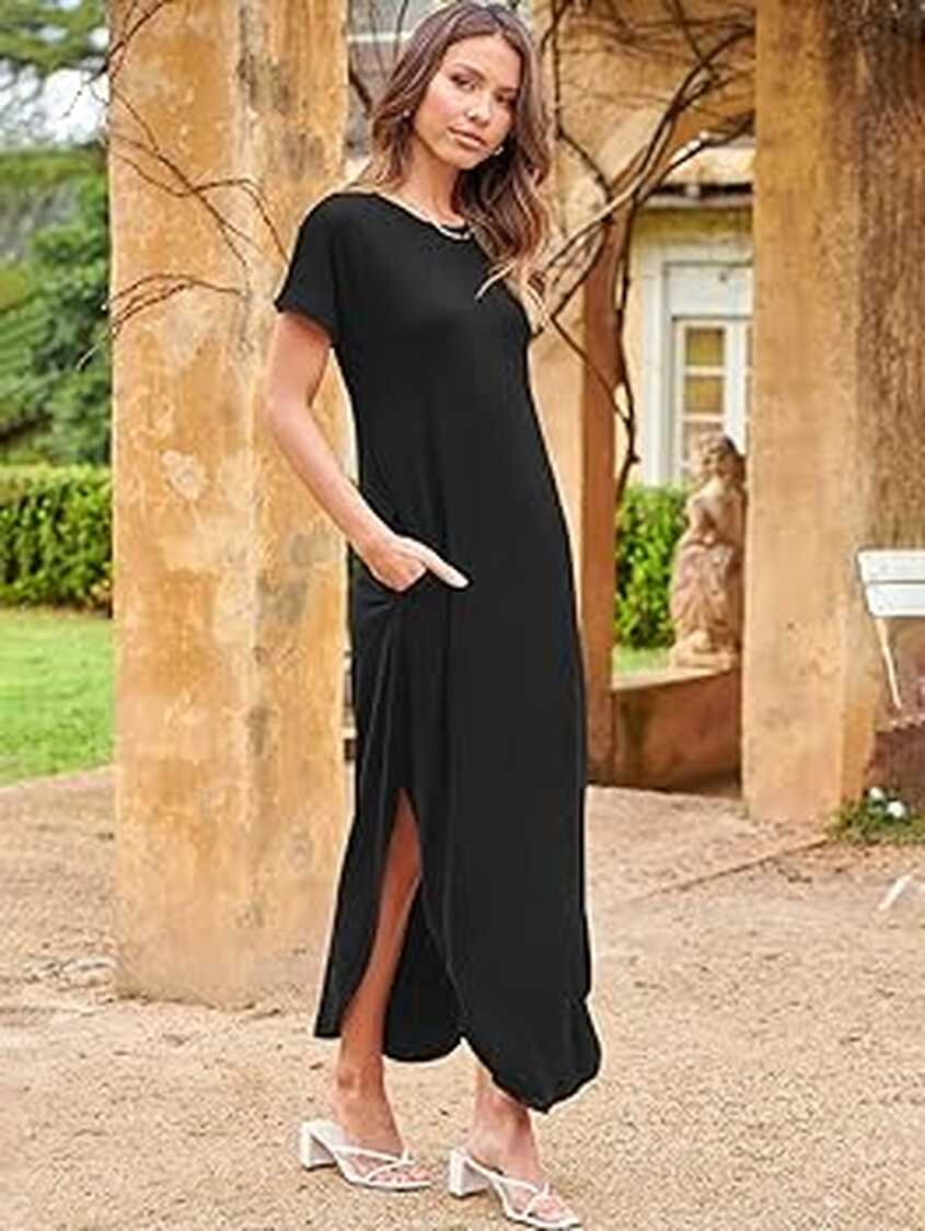 Prinbara Women&#39;s Casual Loose Long Dress Short Sleeve Split Maxi ...