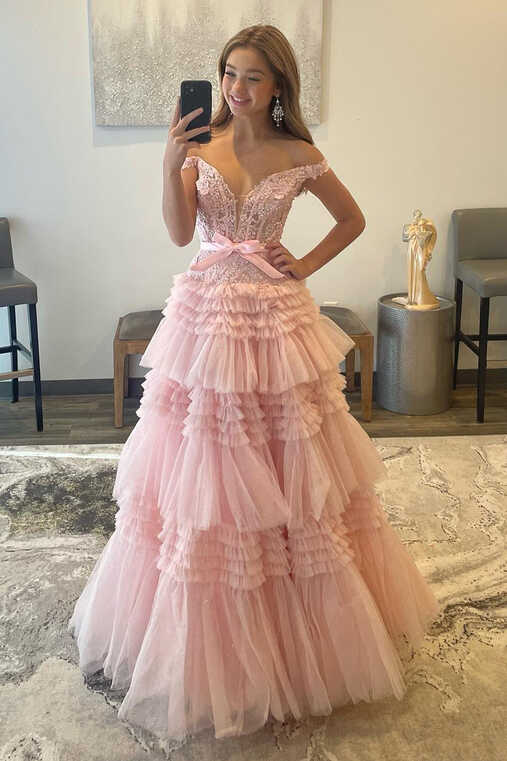 Princess A Line Off the Shoulder Light Pink Long Prom Dress with ...