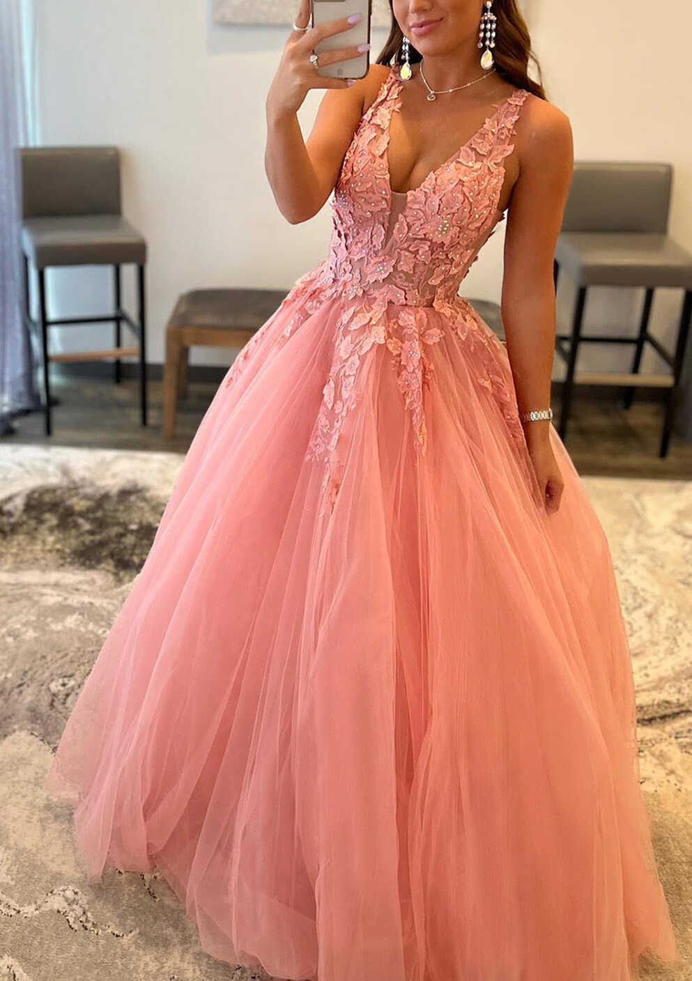 Princess A-line V Neck Sweep Train Tulle Prom Dress With Appliqued ...