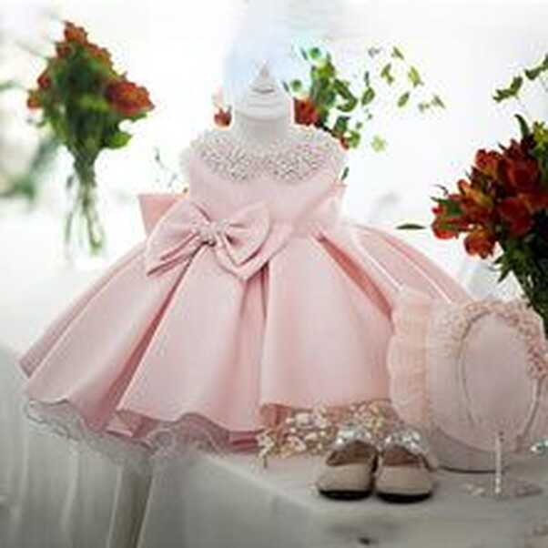 Princess Baby Girl Dress with Simulated Pearl Adorned Neckline and Bow