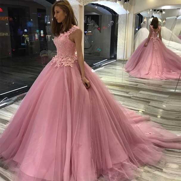 Princess Ball Gown Pink Prom Dresses Sleeveless Appliques ...