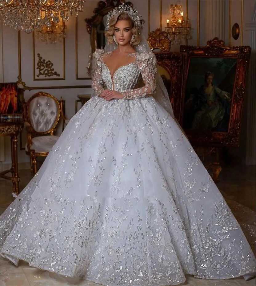 Princess Ball Gown Wedding Dress 2024 Sheer Neck Beaded Long ...