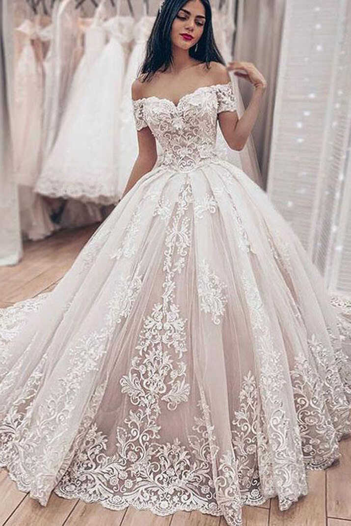 Princess Ball Gown White Wedding Dresses Off the Shoulder with ...