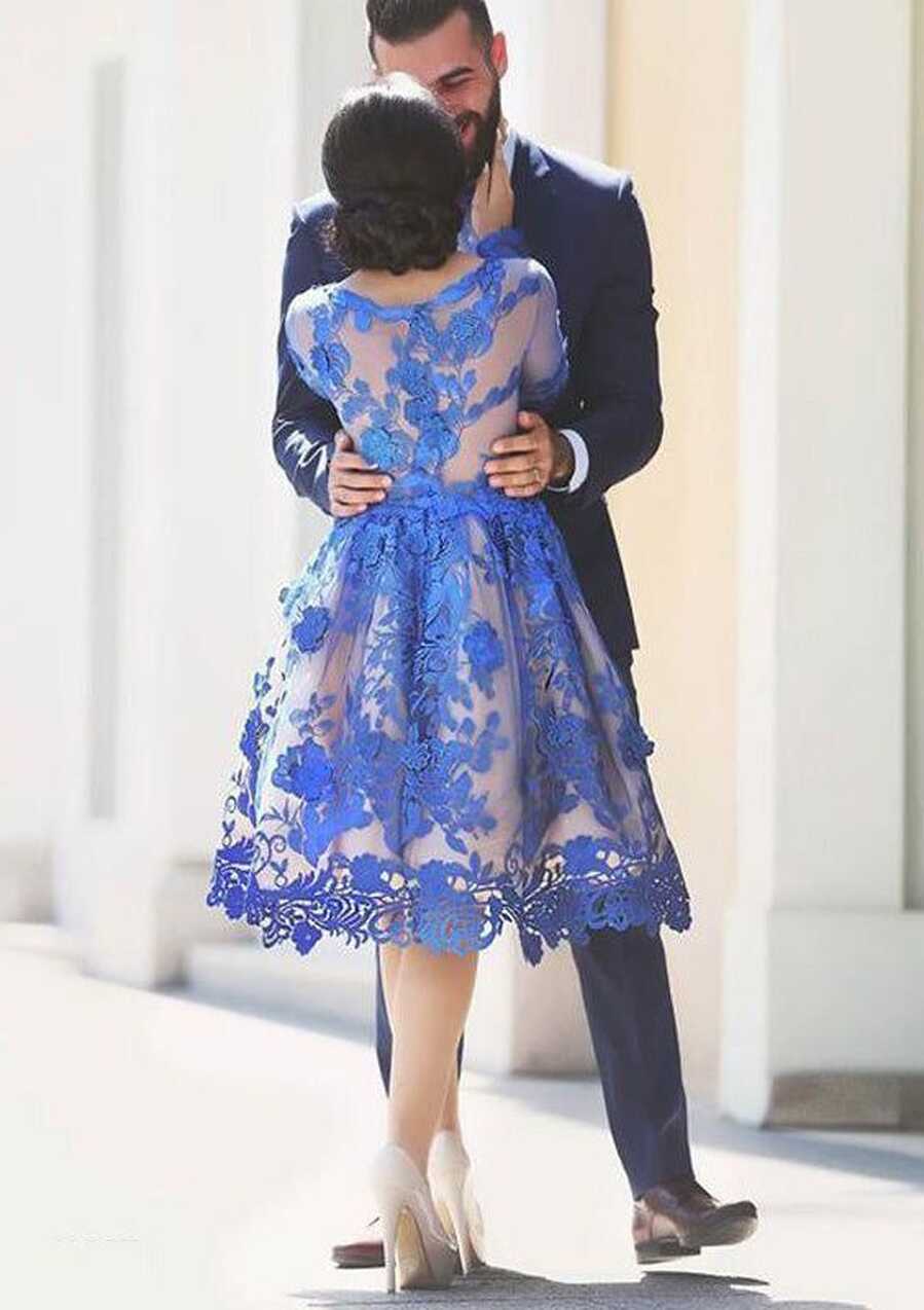 Princess Bateau Full Sleeve Knee-Length Royal Blue Lace Homecoming ...