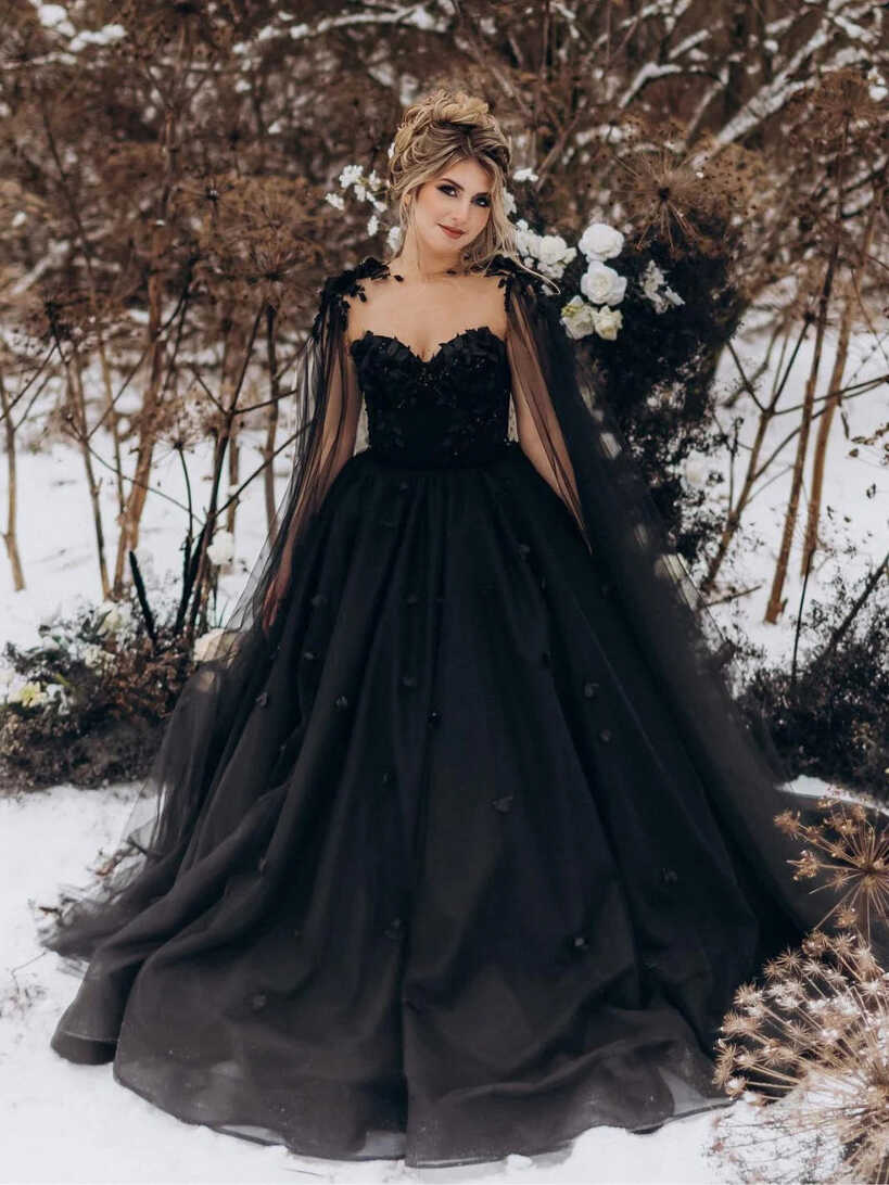 Princess Black Gothic Wedding Dress 3D Flowers Tulle Bridal Gown ...