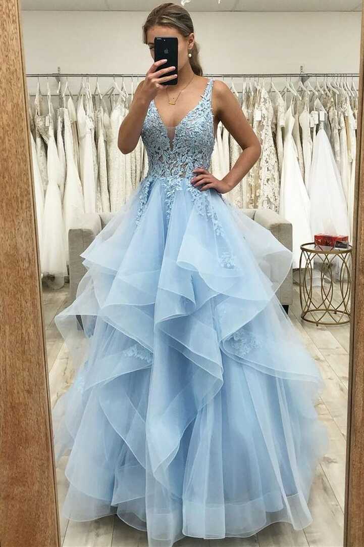 Princess Blue A-line Ruffles Long Prom Dress – Dreamdressy