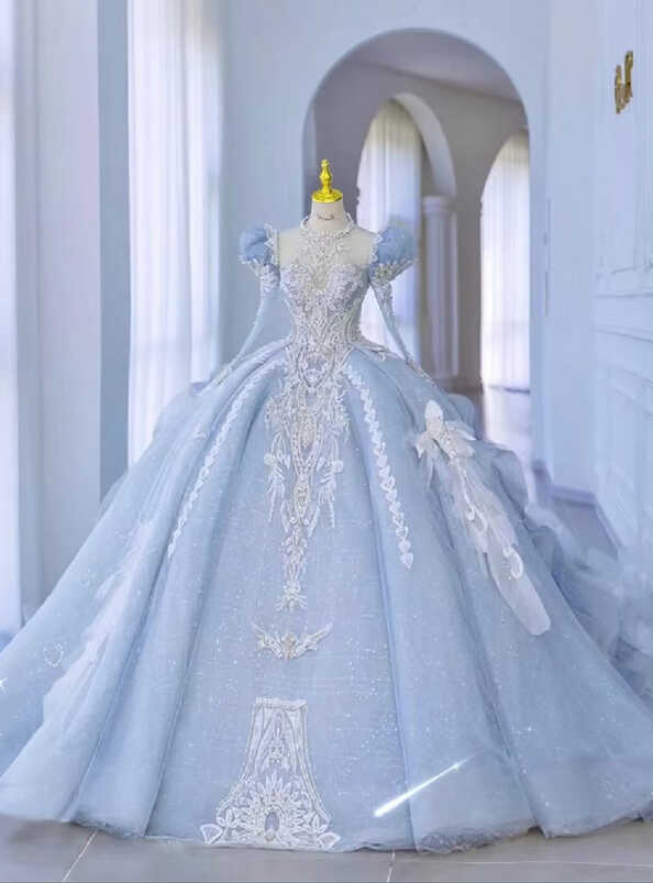 Princess Blue Tulle Long Sleeve Backless Wedding Dress