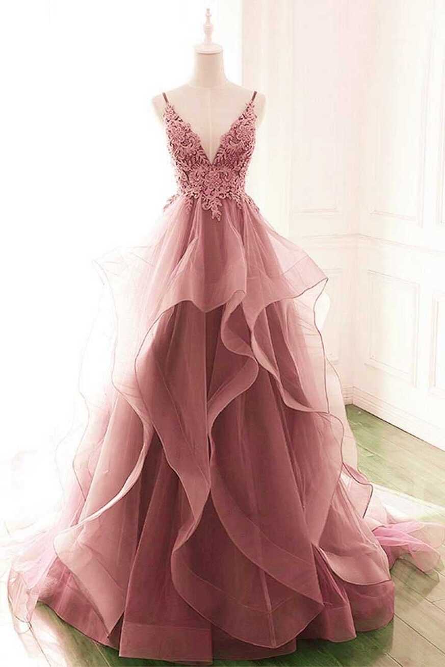 Princess Dark Pink Tulle Long With Lace Ruffle A Line Prom Dresses ...