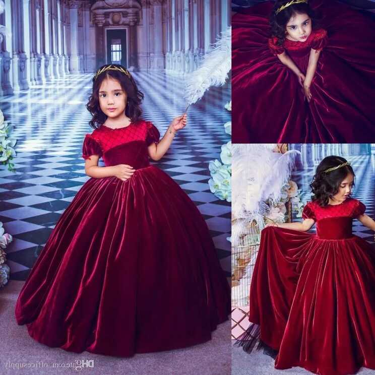 Princess Dark Red Velvet Ball Gown Flower Girl Dress With Short ...