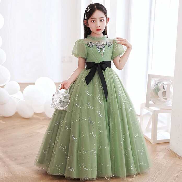 Princess Girls Lace Chiffon Long Dresses Green Flower Girl Wedding ...