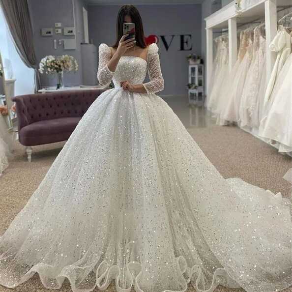 Princess Glitter Wedding Dresses Long Sleeves Strapless Ball Gown ...