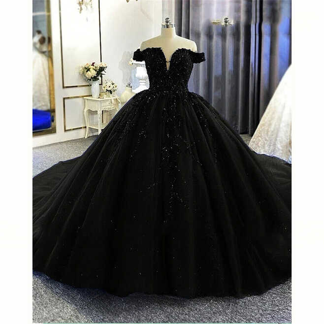 Princess Gothic Black Wedding Dresses Off the Shoulder V Neck ...