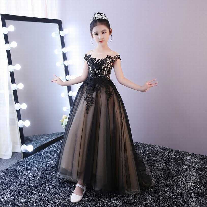 Princess Lace Flower Girls Dress Kids Dress Black Ball Gown Tulle ...