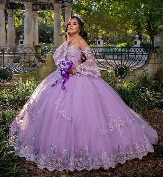 Princess Lavender V Neck Lace Up Ball Gown Lace Long Sleeves ...