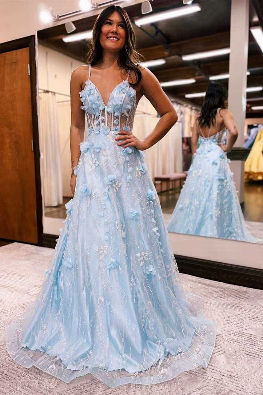 Princess Light Blue 3D Floral Lace V-Neck A-Line Long Prom Dress ...