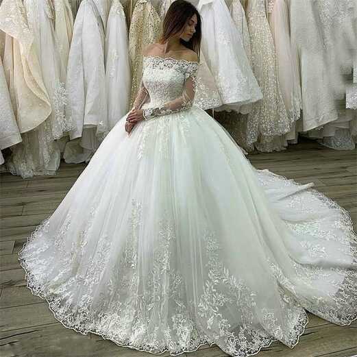 Princess Long Sleeves Off the Shoulder Lace Ball Gown Wedding ...