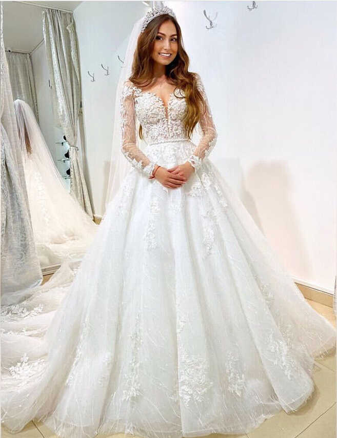 Princess Long Sleeves Wedding Dresses Deep V Neck Lace Appliques ...