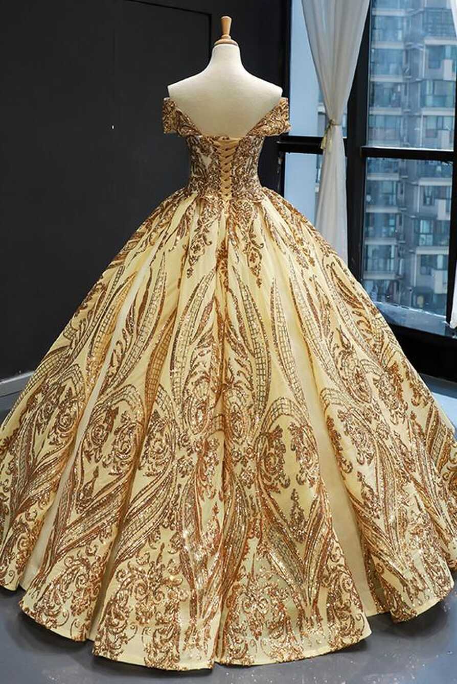 Princess Off-the-Shoulder Gold Sequins Prom Dress Ball Gown DTP736 ...