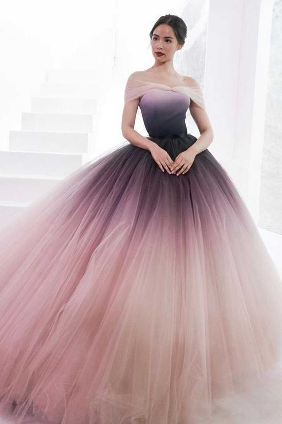 Princess Ombre Ball Gown Tulle Off-Shoulder Prom Dress Formal ...