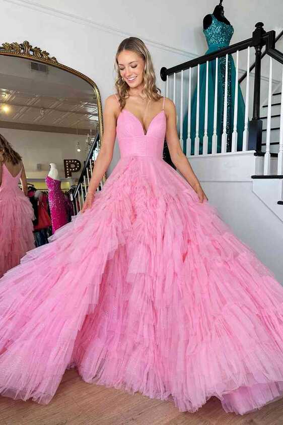 Princess Pink Strappy Frill-Layered A-Line Long Prom Dress ...