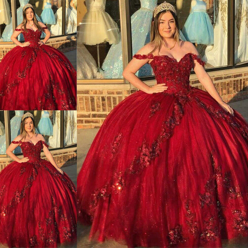 Princess Quinceanera Dresses Sweet 16 Beaded Red 3D Flower Party ...