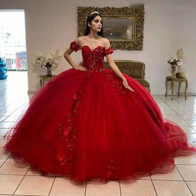 Princess Red Beaded Quinceanera Dresses Corset Sweet 15 16 Prom ...