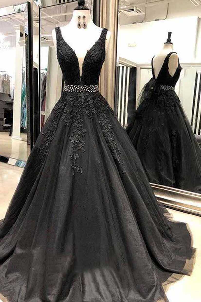 Princess V Neck Black Lace Long Prom Dress with Beading JTA7131