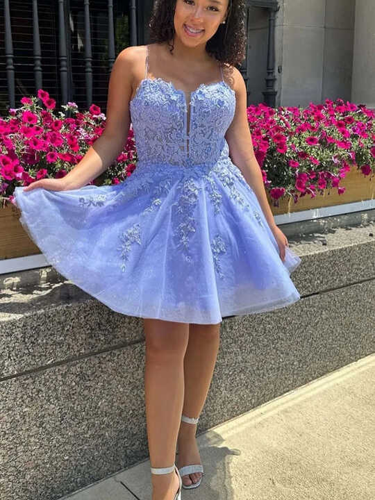 Princess V Neck Open Back Light Blue Lace Prom Dresses, Light Blue ...