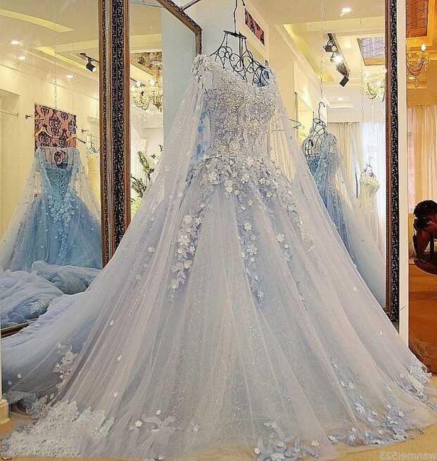 Princess Wedding Dresses Blue Gothic Applique Medieval Train 3D ...