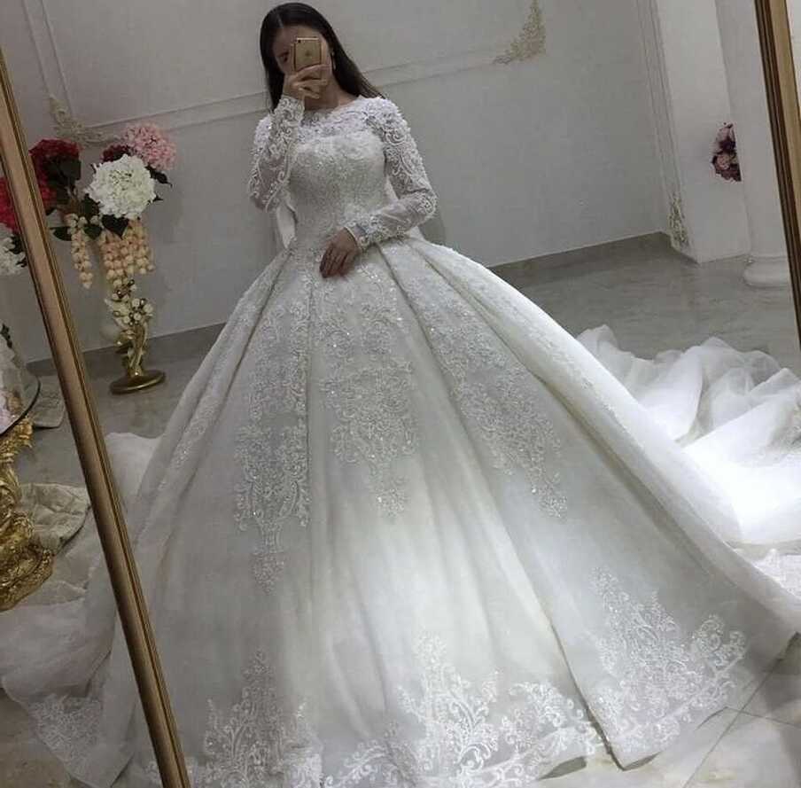 Princess Wedding Dresses Lace Appliques High Neck Long Sleeves ...