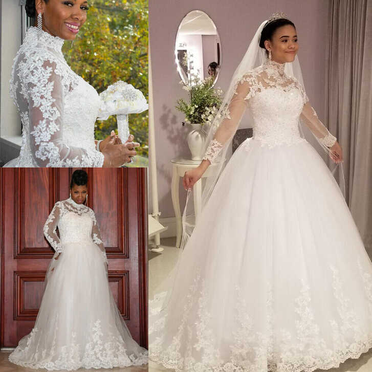 Princess Wedding Dresses Long Sleeve Beaded High Neck Lace ...