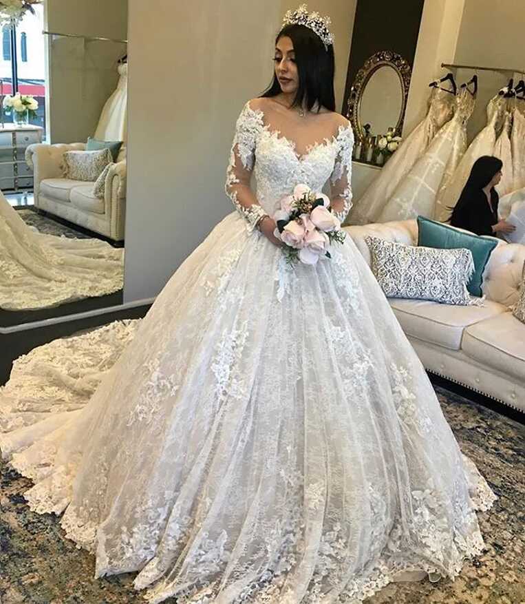 Princess Wedding Dresses with Court Train Long Sleeves Sexy V Neck ...